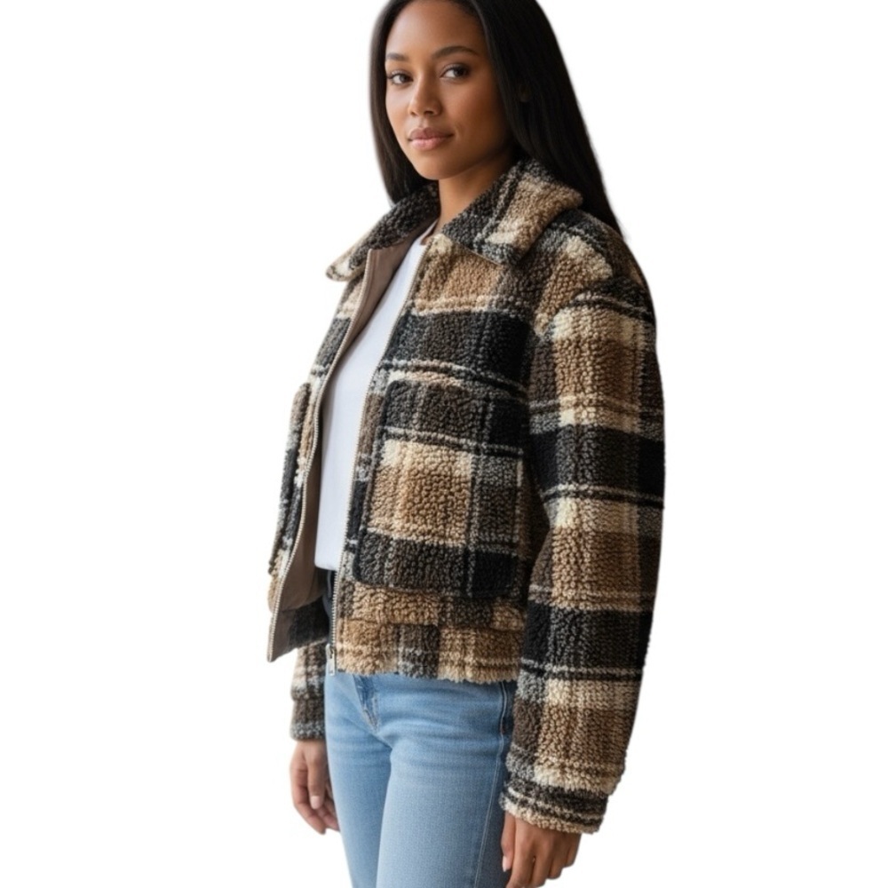 Princess Polly 0 (XS) Brown Plaid Cropped Fleece Jacket Cozy Fall